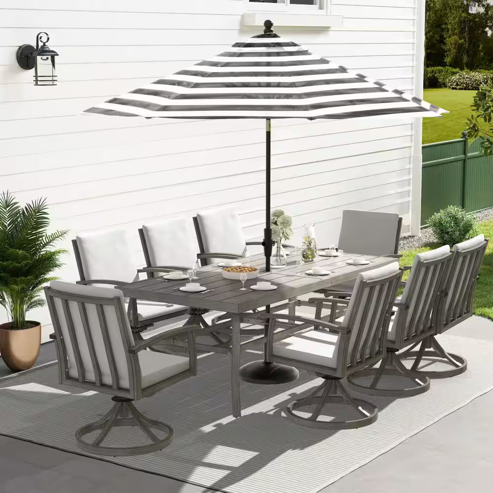 Alulux 9-Piece Aluminum Outdoor Dining Set with Swivel Rockers Chairs and Gray Cushions