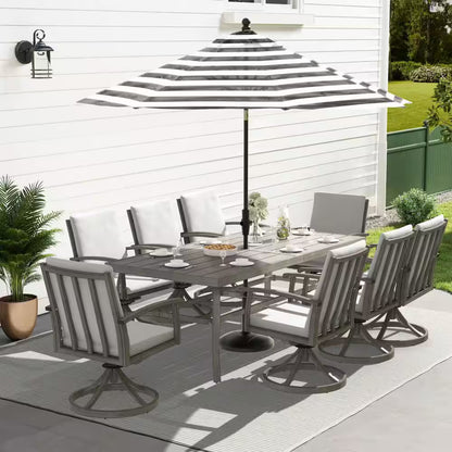 Alulux 9-Piece Aluminum Outdoor Dining Set with Swivel Rockers Chairs and Gray Cushions