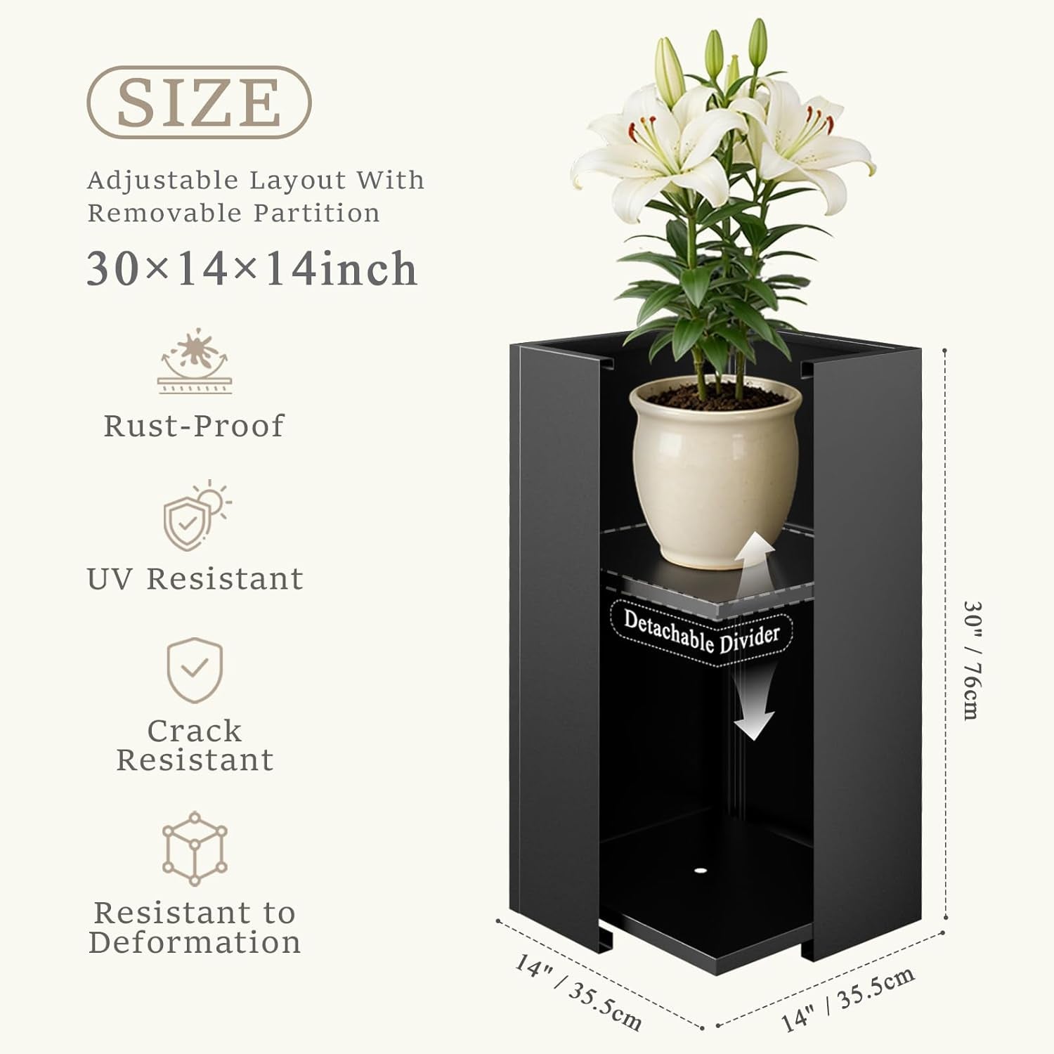 Metal Planter Box for Outdoor, Garden Planter Spliced Flower Pot with with Removable Insert Shelf, Rust Resistant for Indoor Outdoor Patio Porch Commercial Residential-30 X 14" X 14"