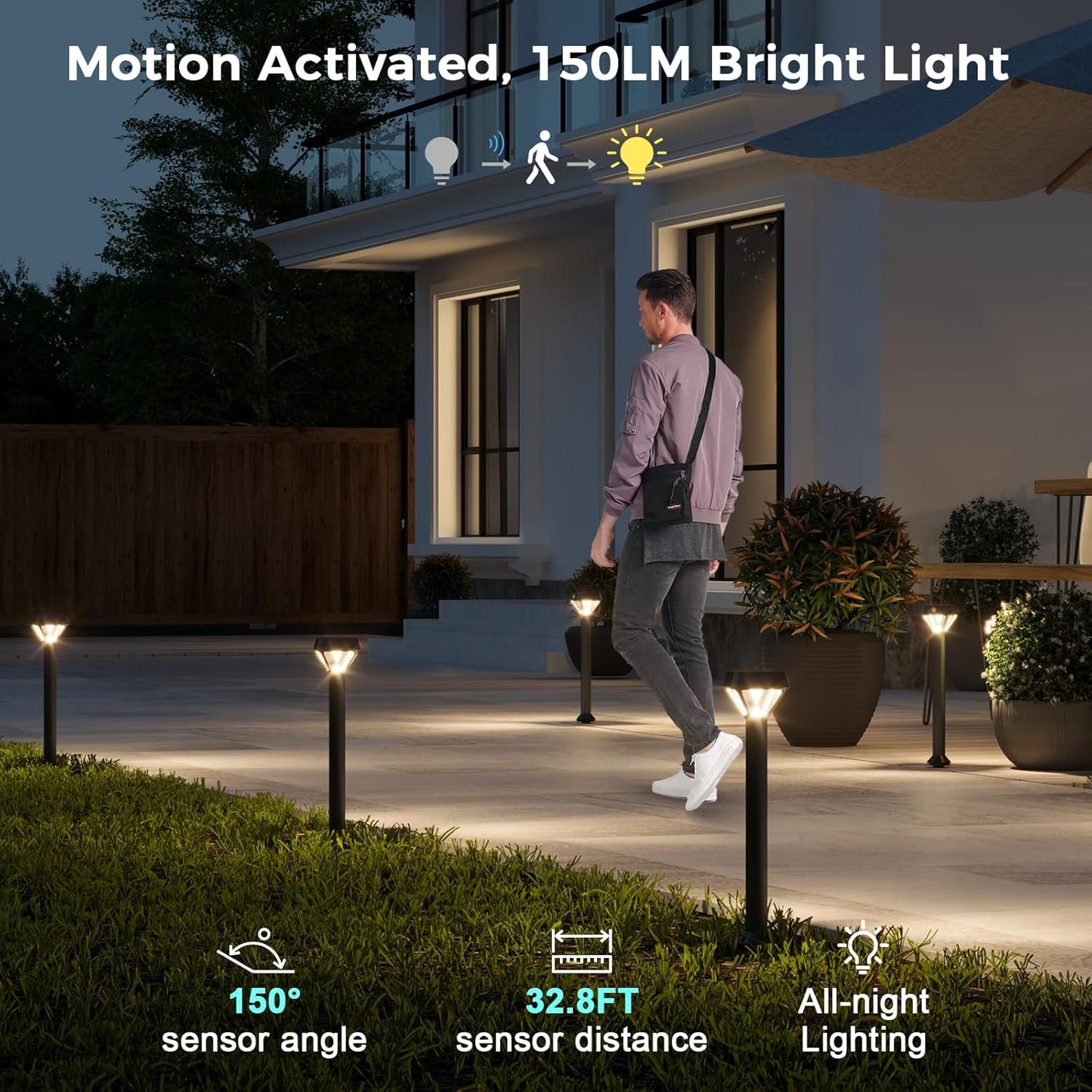 Smart Solar Pathway Lights Outdoor, Motion Sensor Landscape Lighting, 150LM Bright Solar Garden Lights with Bluetooth APP Control, RGB & Warm White Color Changing, IP65 Waterproof, 4 Pack
