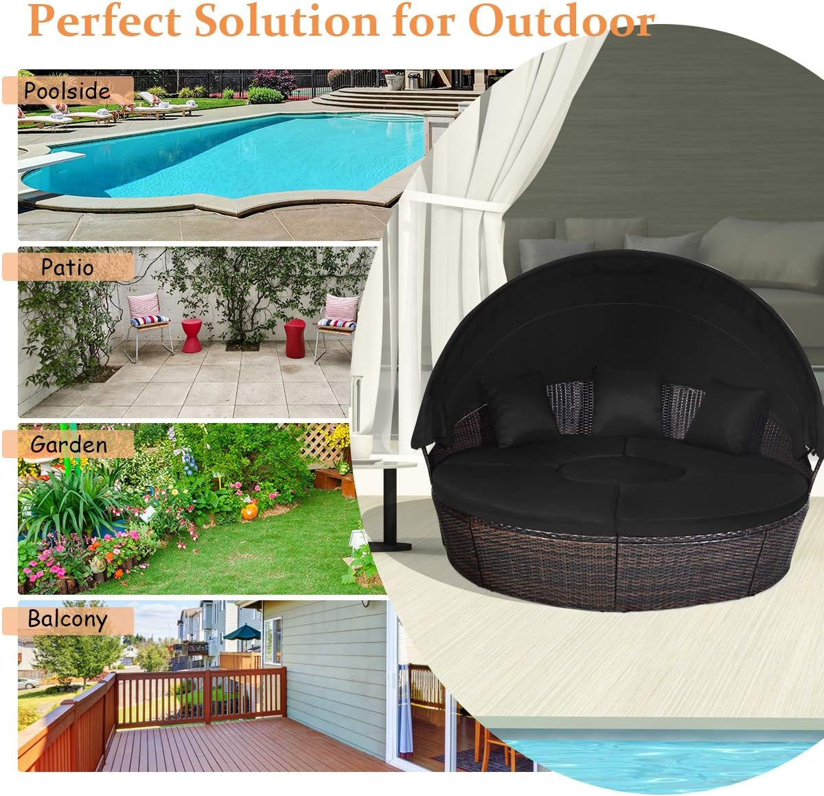 Patio round Daybed with Retractable Canopy, Wicker Furniture Sectional Couch with Separate Cushioned Seats, Adjustable Table Top, Patio Rattan Daybed Sofa for Backyard, Poolside, Black