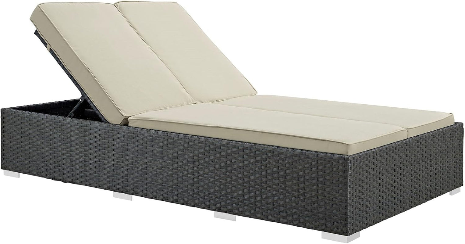 Sojourn Wicker Rattan Outdoor Patio Sunbrella Fabric Double Chaise in Chocolate Beige