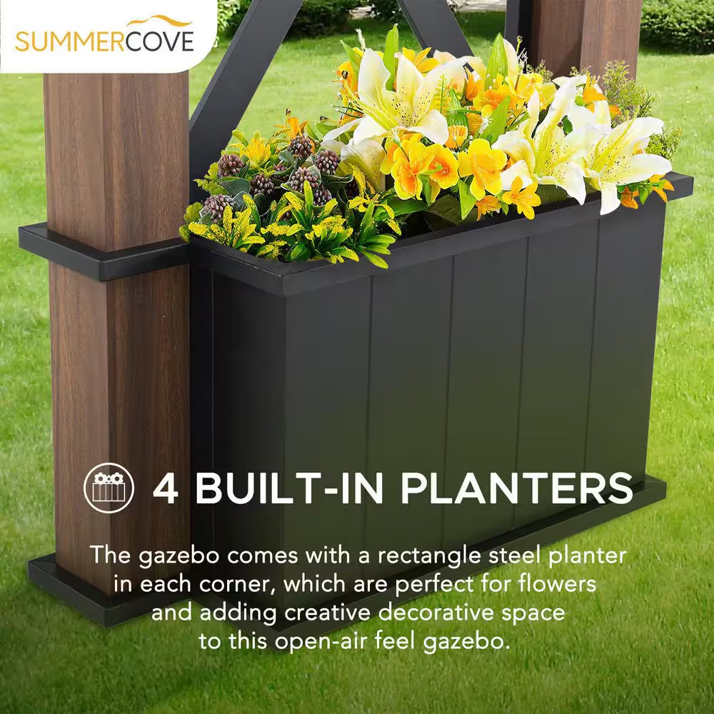 13 Ft. X 15 Ft. Black Galvanized Steel Aluminum Framed Hardtop Gazebo with Planters Shelves and Private Screen
