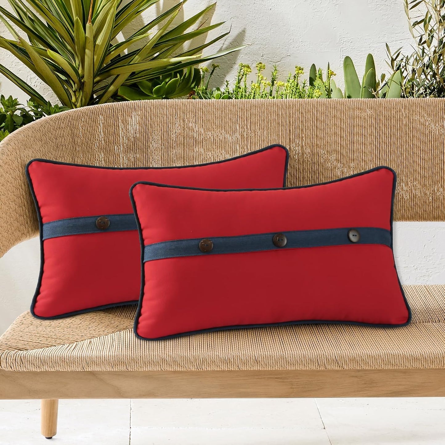 Outdoor Sunbrella Decorative Pillows with Triple Coconut Buttons Pack of 4, 20" X 12" Outdoor Pillow Set for Couch Bed Throw Patio Sofa, Canvas Logo Red/Specrtum Indigo