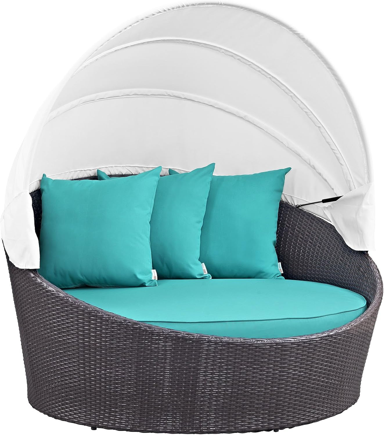 Convene Wicker Rattan Outdoor Patio Retractable Canopy round Poolside Sofa Daybed in Espresso Turquoise