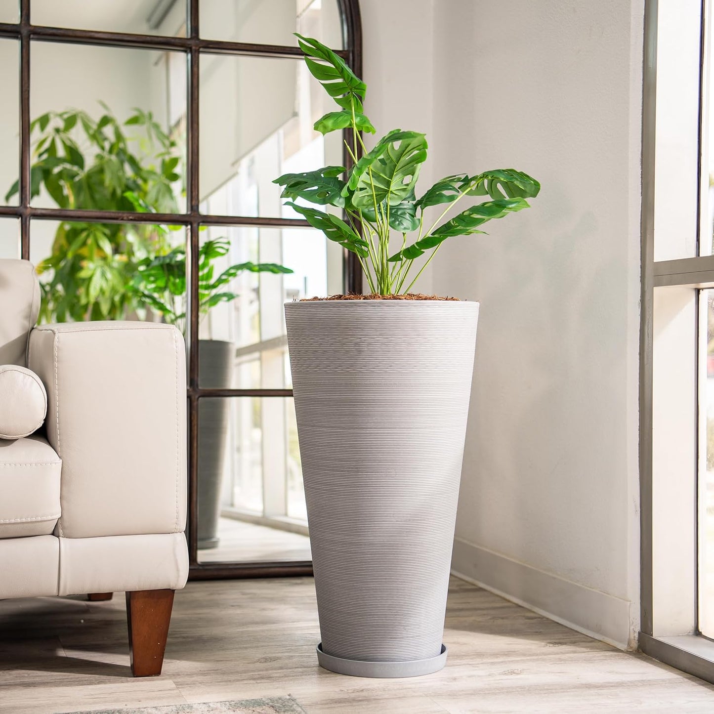 Modern 28-Inch Tall round Planter, Modern Tapered Planter Perfect for Indoor & Outdoor Planter, Patio Décor, Set of 2, Gray