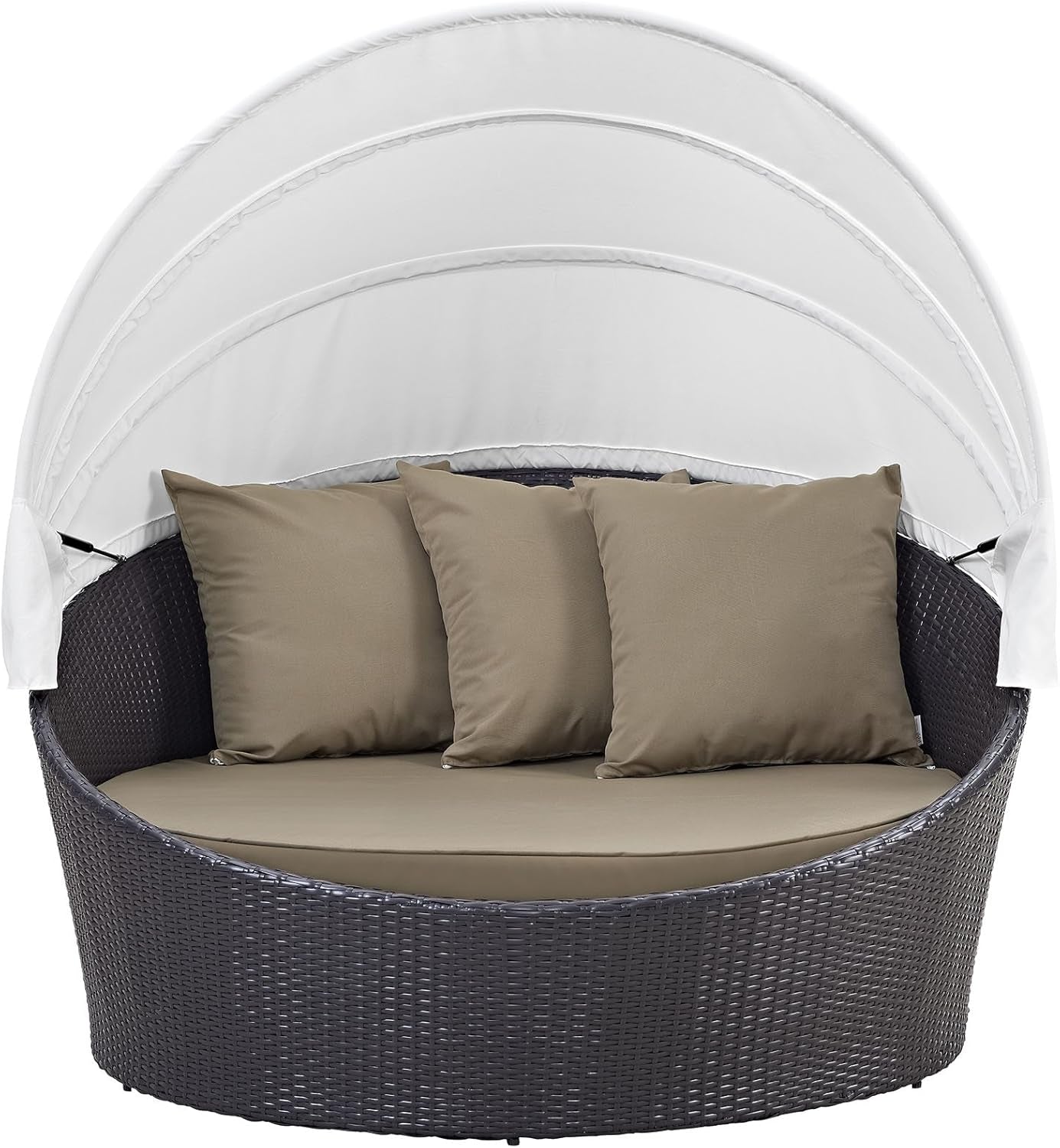 Convene Wicker Rattan Outdoor Patio Retractable Canopy round Poolside Sofa Daybed in Espresso Mocha