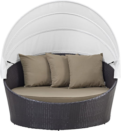 Convene Wicker Rattan Outdoor Patio Retractable Canopy round Poolside Sofa Daybed in Espresso Mocha