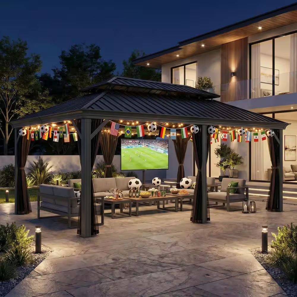 12 Ft. X 20 Ft. Brown Aluminum Frame Double Iron Roof Hardtop Gazebo with Hooks and Mosquito Netting, for Backyard Patio