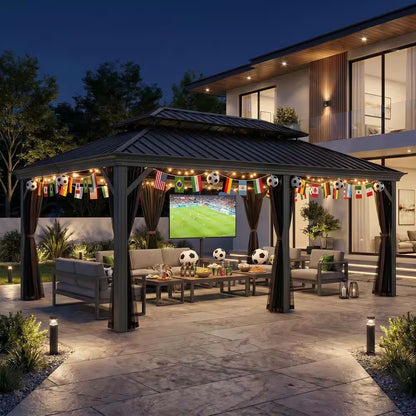 12 Ft. X 20 Ft. Brown Aluminum Frame Double Iron Roof Hardtop Gazebo with Hooks and Mosquito Netting, for Backyard Patio