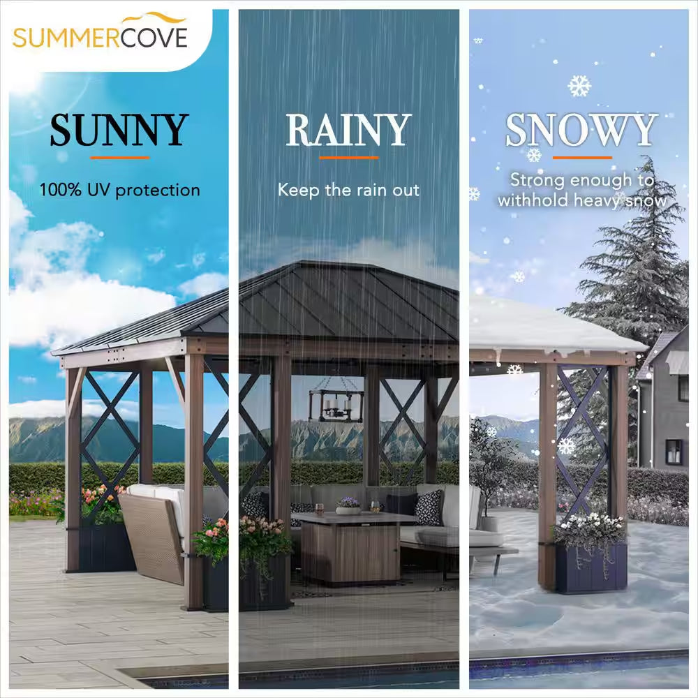 13 Ft. X 15 Ft. Black Galvanized Steel Aluminum Framed Hardtop Gazebo with Planters Shelves and Private Screen