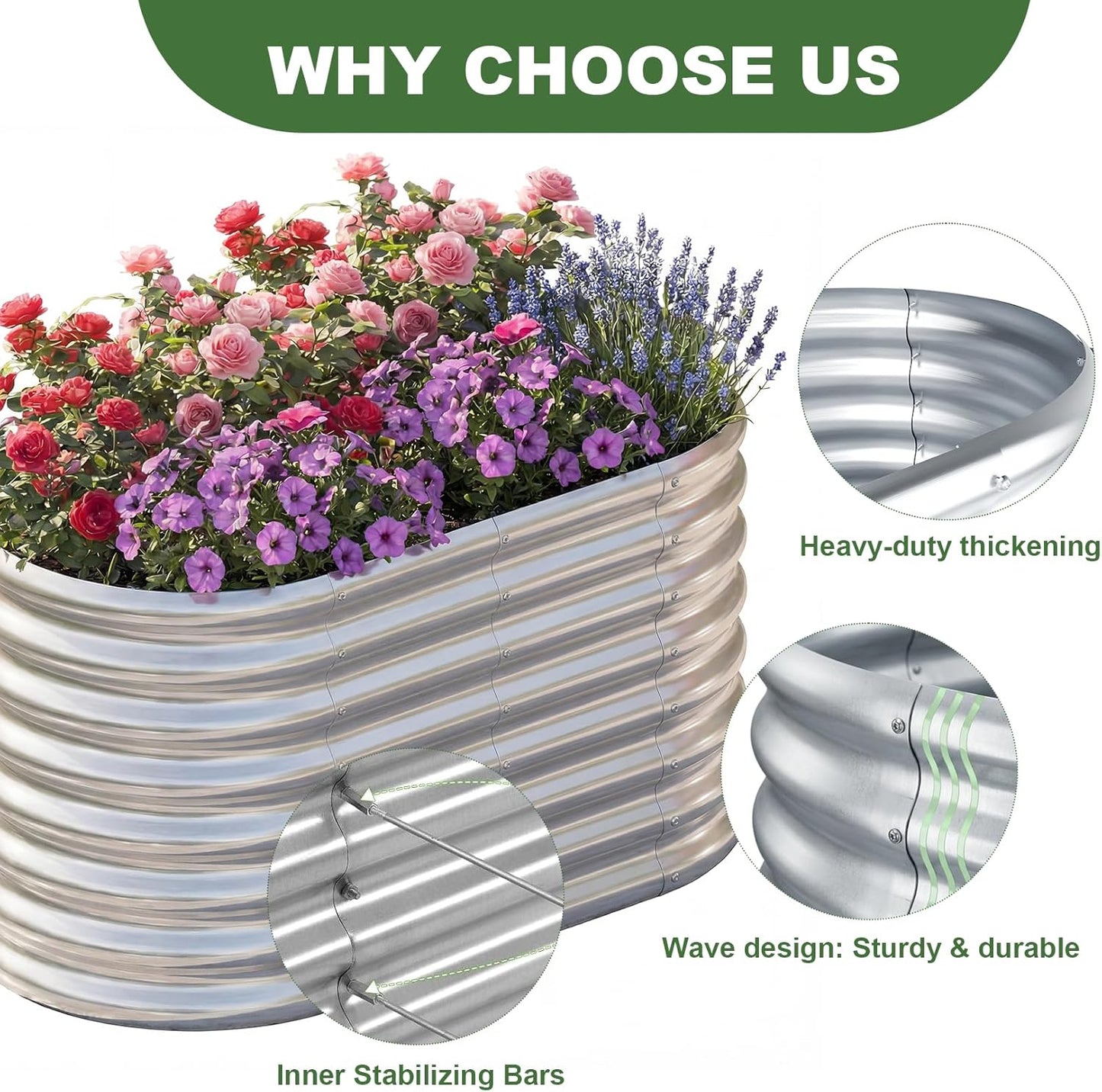 2 Pack 4×2×2Ft Galvanized Raised Garden Bed Outdoor,Oval Sturdy and Durable Planter Boxes for Vegetables, Fruits, Flowers and Plants, Easy Assembly, Silver
