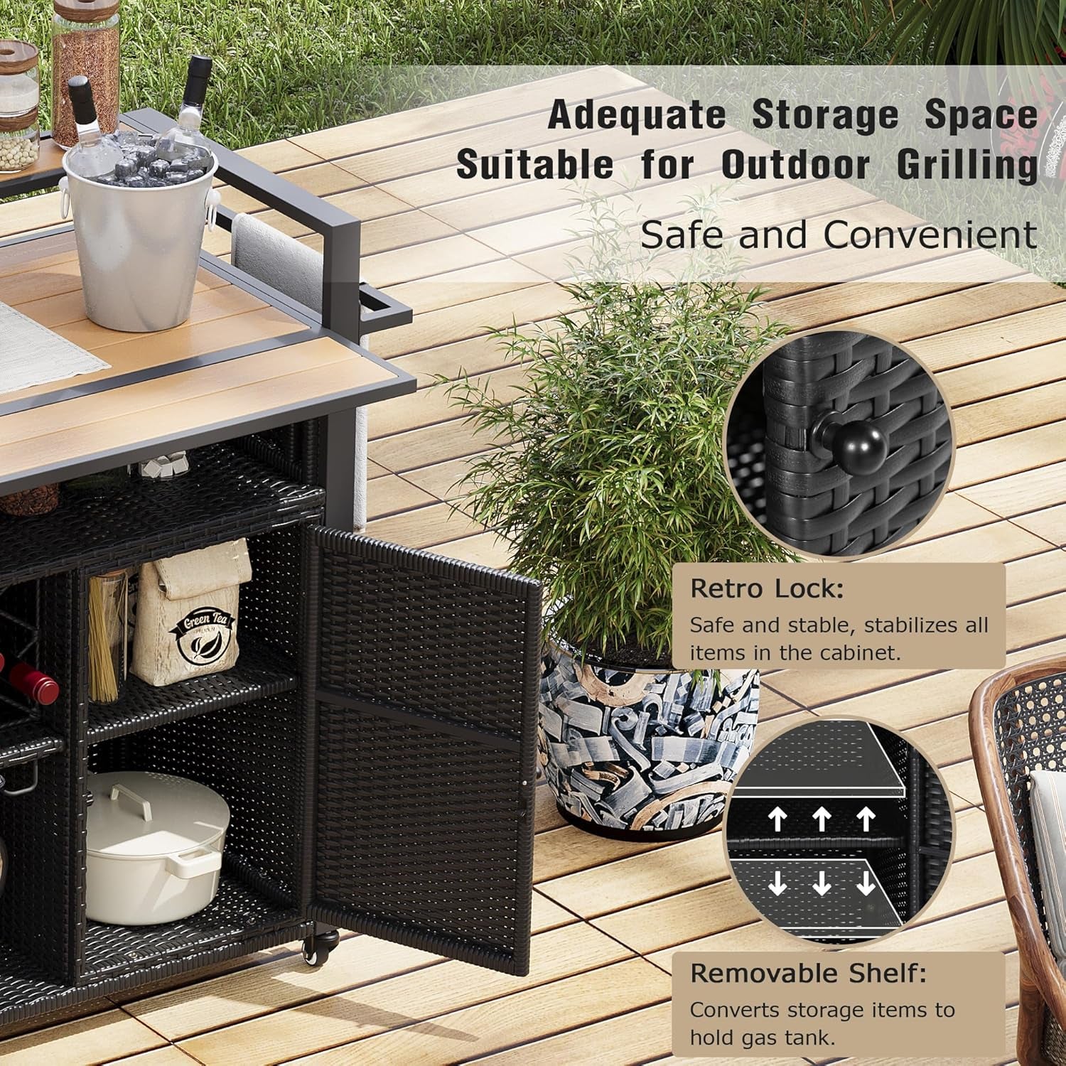 Outdoor Grill Cart BBQ Prep Station, Double Tabletop Rolling Wicker Kitchen Island with 7 Adjustable Shelves & Wine Rack, Weather-Resistant Storage Cabinet for Patio Backyard Garden, Black