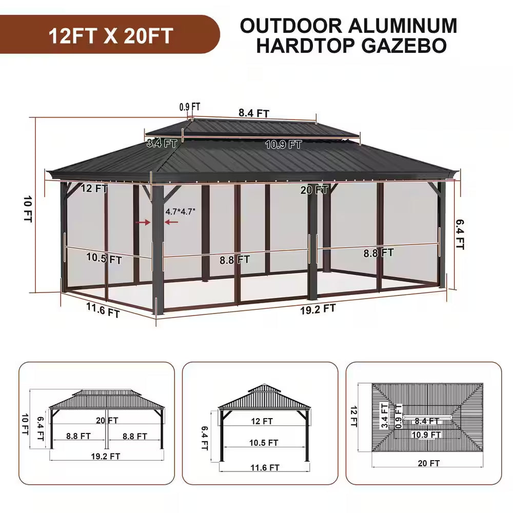 12 Ft. X 20 Ft. Brown Aluminum Frame Double Iron Roof Hardtop Gazebo with Hooks and Mosquito Netting, for Backyard Patio