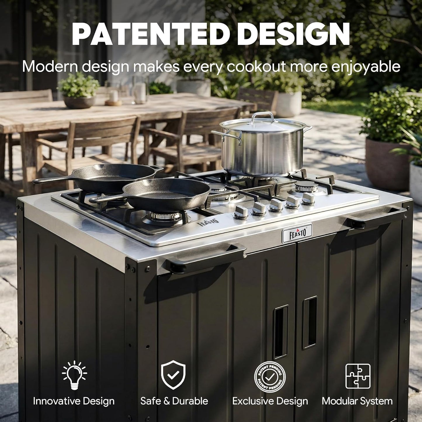 Outdoor Kitchen Island with Propane Gas Stove and Storage Cabinet, 35-Inch Outdoor Cooking Station with 304 Stainless Steel Top & Lockable Wheels for Backyard Patio, Black & Silver