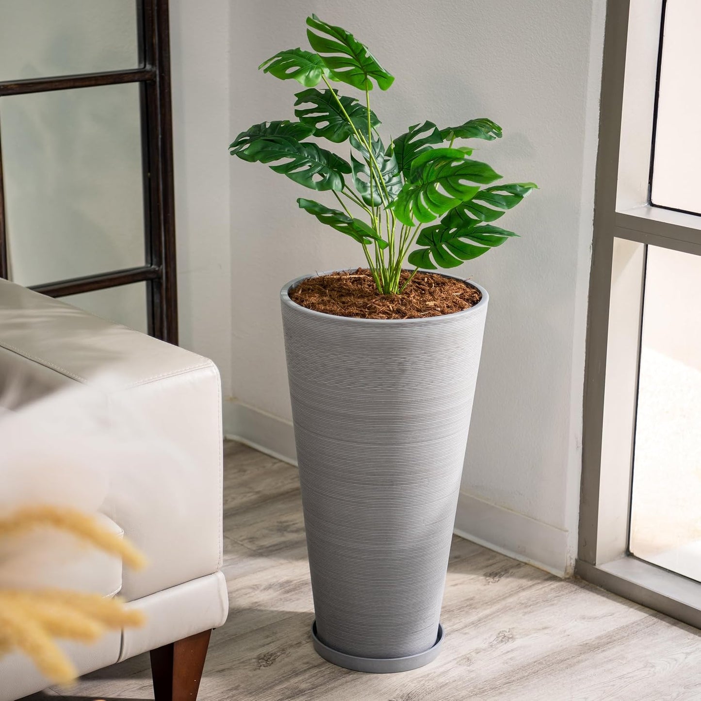 Modern 28-Inch Tall round Planter, Modern Tapered Planter Perfect for Indoor & Outdoor Planter, Patio Décor, Set of 2, Gray