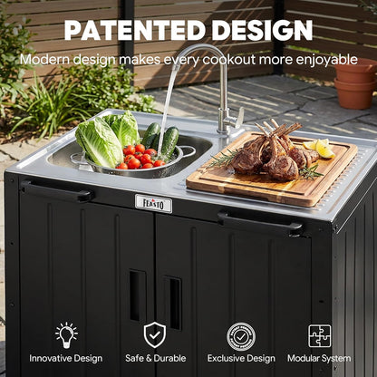 Outdoor Kitchen Island with Stainless Steel Sink and Storage Cabinet, 35-Inch BBQ Prep Station with Faucet & Lockable Wheels for Patio, Backyard, and Outdoor Cooking, Black & Silver