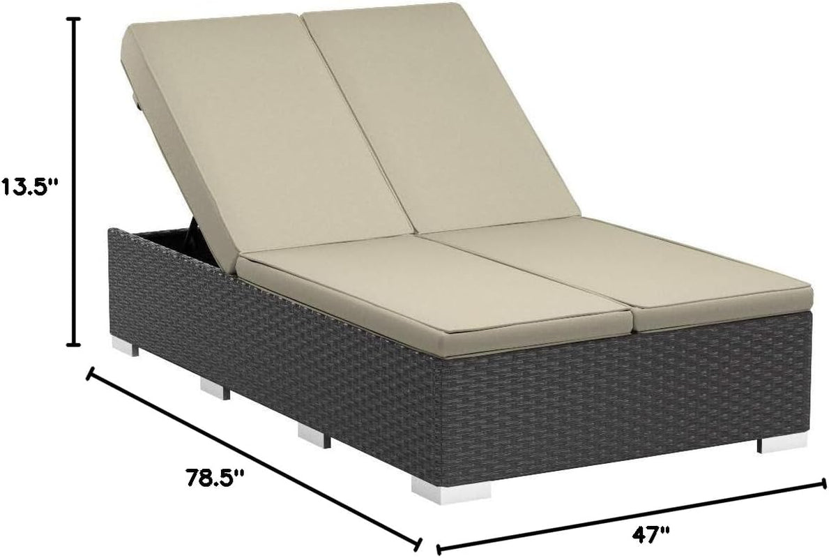 Sojourn Wicker Rattan Outdoor Patio Sunbrella Fabric Double Chaise in Chocolate Beige