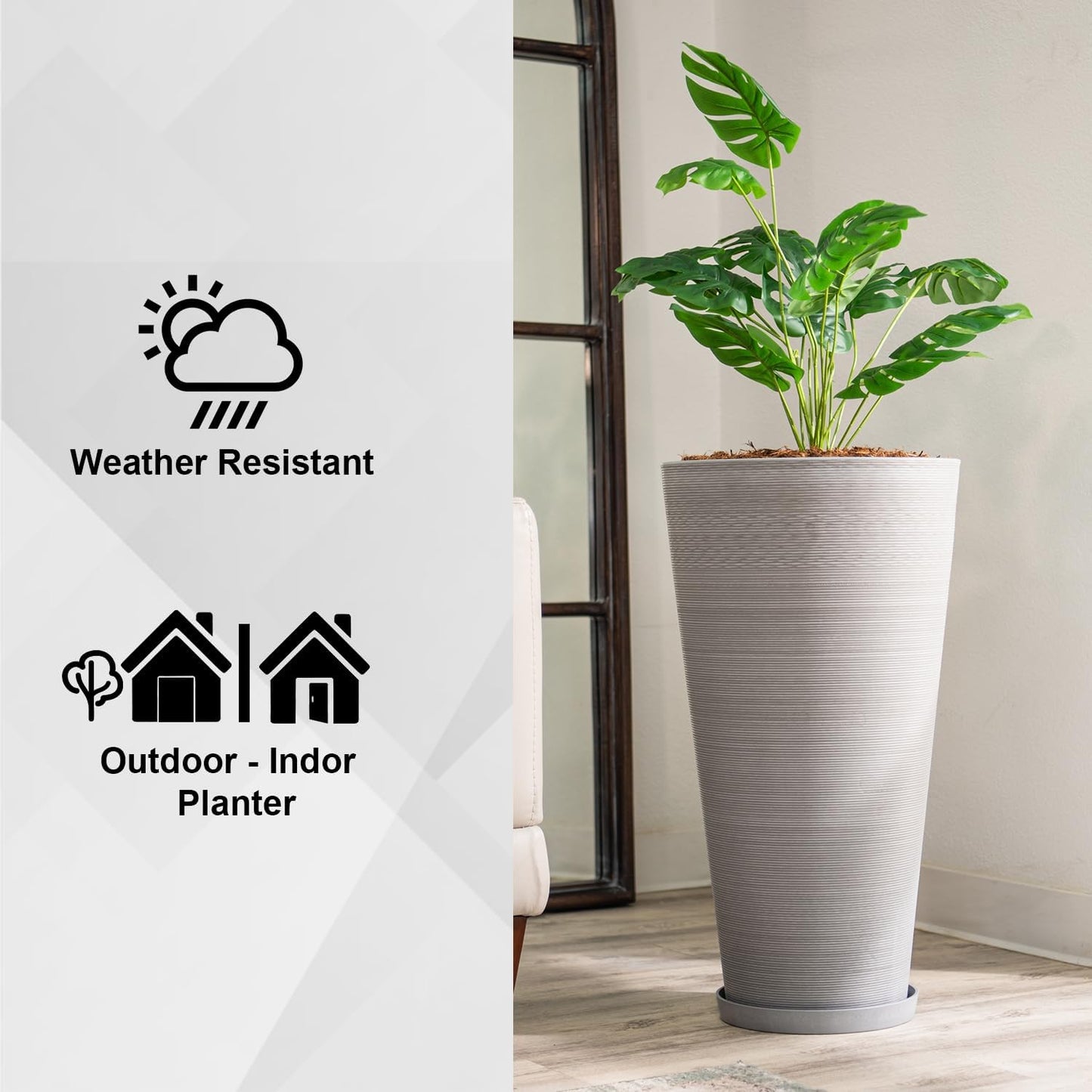 Modern 28-Inch Tall round Planter, Modern Tapered Planter Perfect for Indoor & Outdoor Planter, Patio Décor, Set of 2, Gray