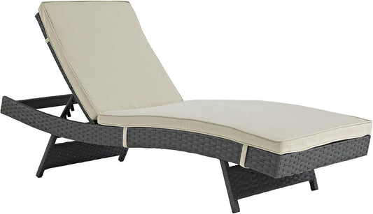 Sojourn Wicker Rattan Outdoor Patio Sunbrella Fabric Chaise Lounge in Antique Canvas Beige