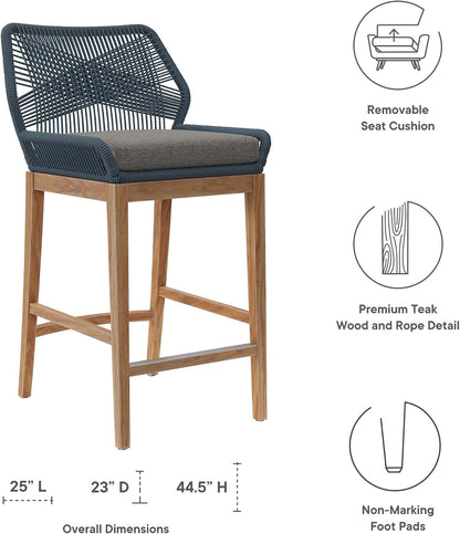 Wellspring 3-Piece Teak Wood Outdoor Bar Set in Blue Graphite – Bar Height Patio Dining Set with 2 Woven Rope Bar Stools and 1 Wood Pub Table