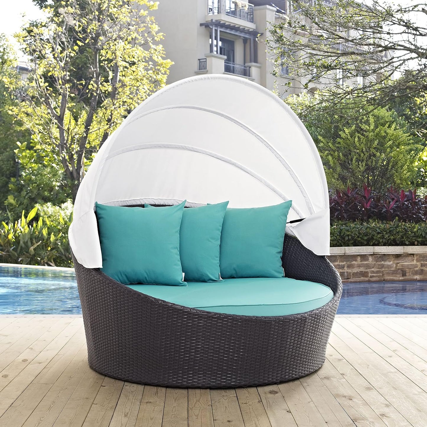 Convene Wicker Rattan Outdoor Patio Retractable Canopy round Poolside Sofa Daybed in Espresso Turquoise