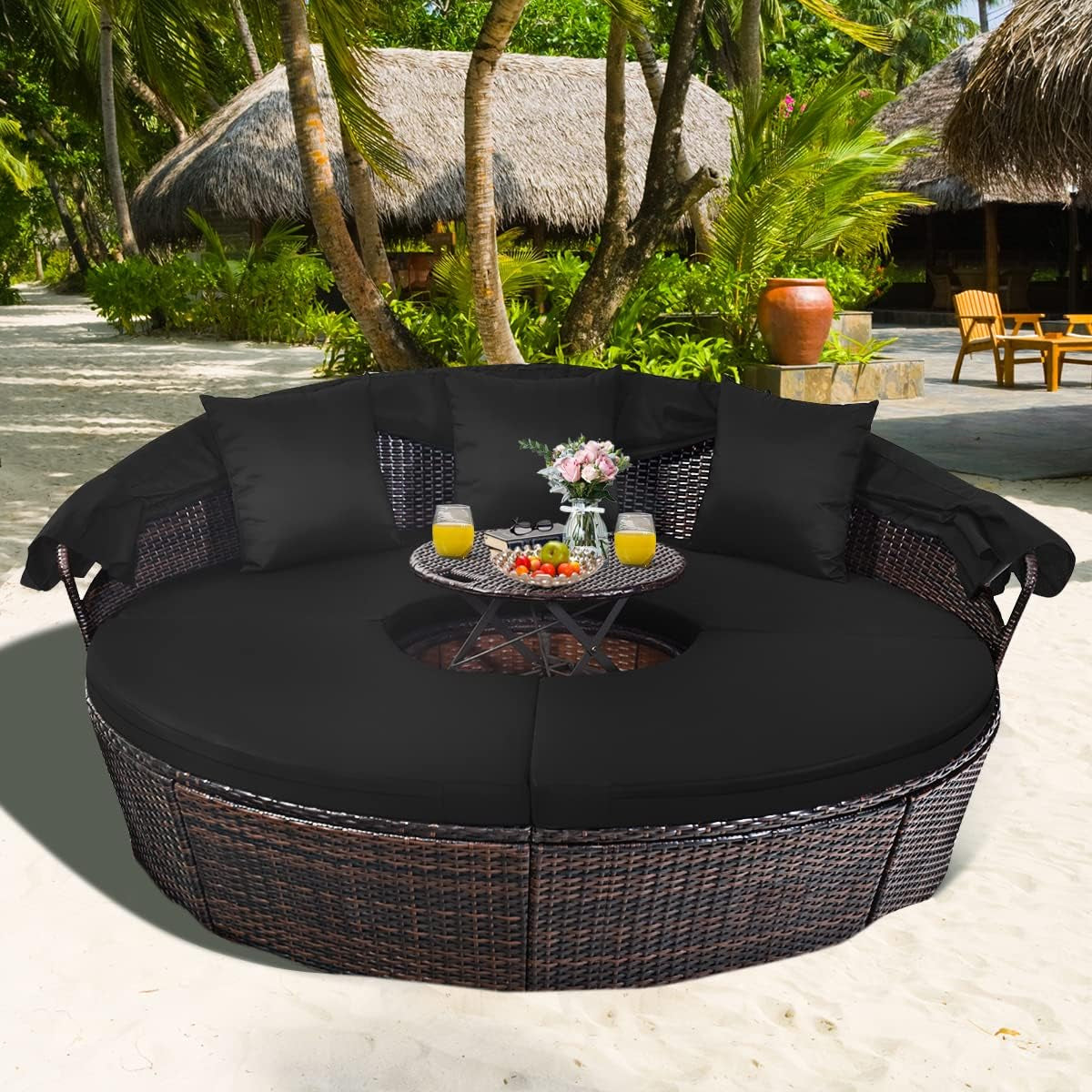 Patio round Daybed with Retractable Canopy, Wicker Furniture Sectional Couch with Separate Cushioned Seats, Adjustable Table Top, Patio Rattan Daybed Sofa for Backyard, Poolside, Black