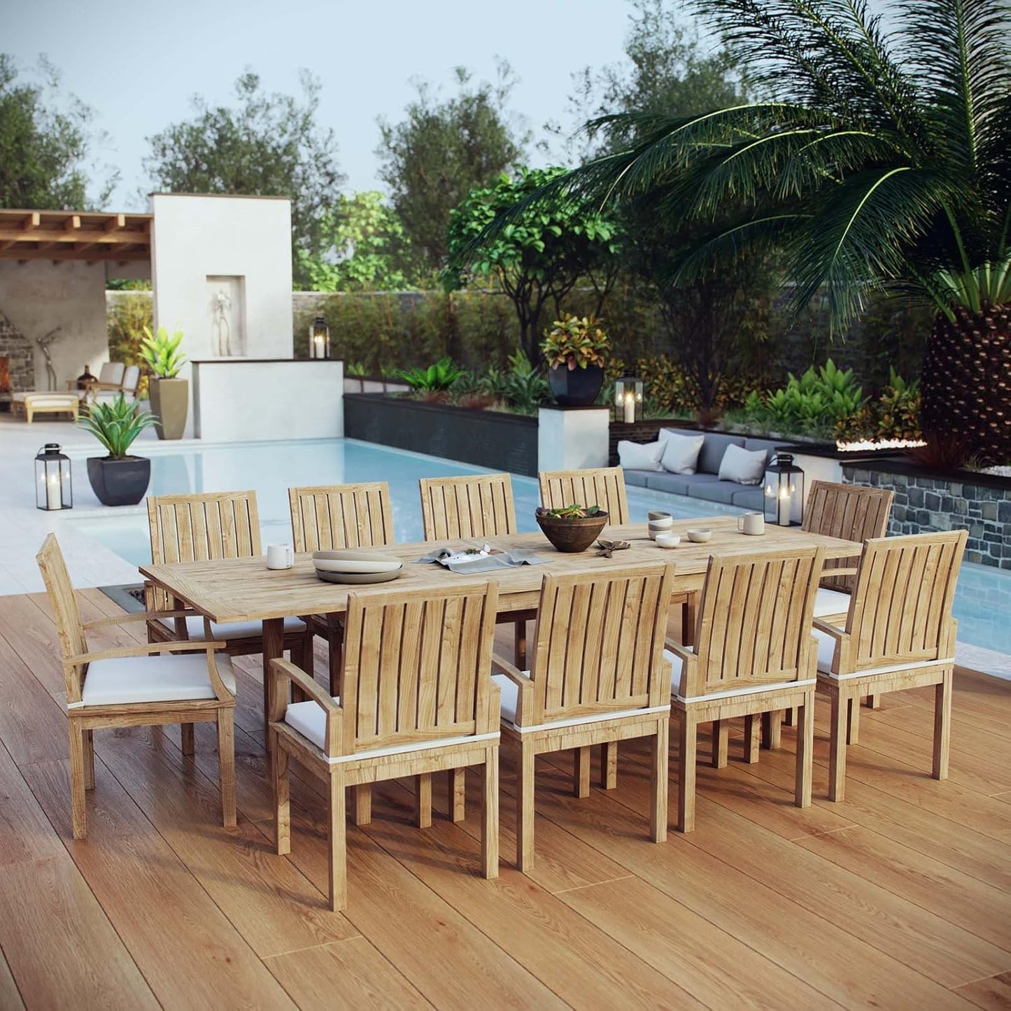 EEI-3283-NAT-WHI-SET Marina Premium Grade a Teak Wood 11-Piece Outdoor Patio Dining Furniture Set, Ten Folding Armchair/One Table, Natural White
