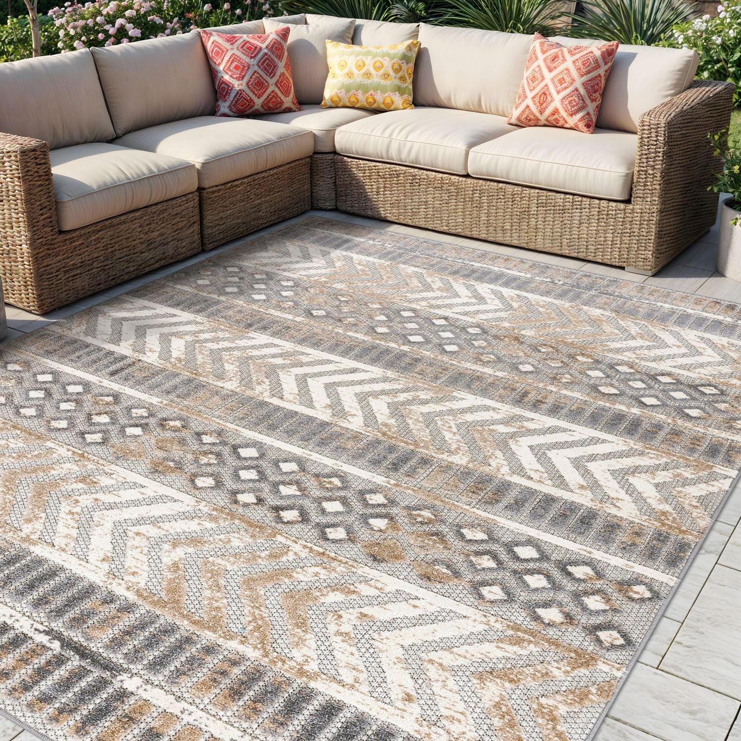 Distressed Geometric Indoor/Outdoor Beige Area Rug Modern Tribal Stripe, Durable Stain Resistant Perfect for Patio, Backyard, Deck and Outdoor Lounge 5' X 7'