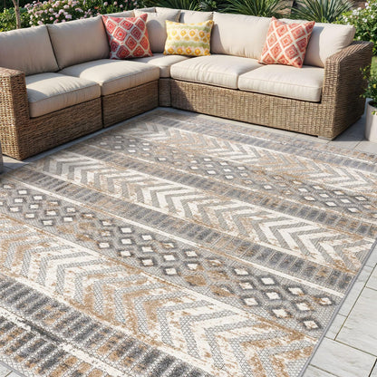 Distressed Geometric Indoor/Outdoor Beige Area Rug Modern Tribal Stripe, Durable Stain Resistant Perfect for Patio, Backyard, Deck and Outdoor Lounge 5' X 7'