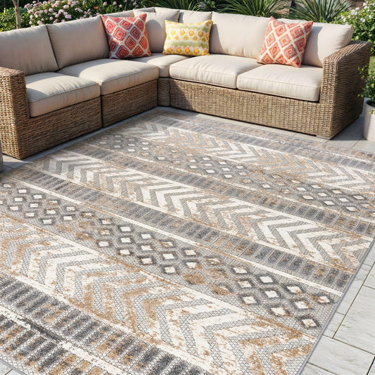 Distressed Geometric Indoor/Outdoor Beige Area Rug Modern Tribal Stripe, Durable Stain Resistant Perfect for Patio, Backyard, Deck and Outdoor Lounge 5' X 7'