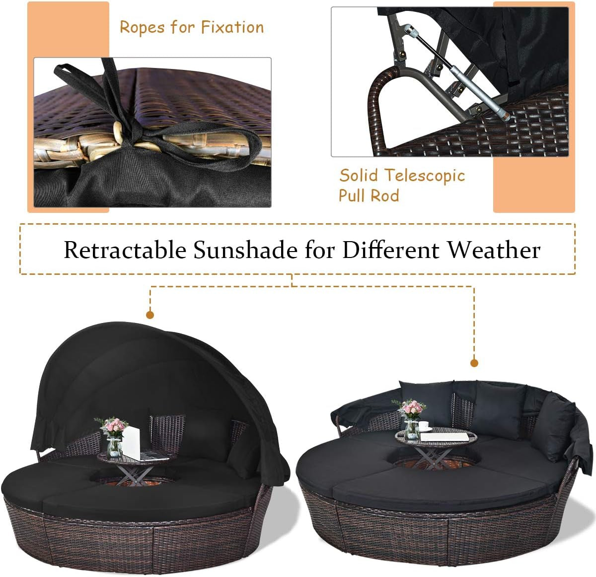 Patio round Daybed with Retractable Canopy, Wicker Furniture Sectional Couch with Separate Cushioned Seats, Adjustable Table Top, Patio Rattan Daybed Sofa for Backyard, Poolside, Black