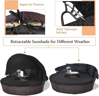 Patio round Daybed with Retractable Canopy, Wicker Furniture Sectional Couch with Separate Cushioned Seats, Adjustable Table Top, Patio Rattan Daybed Sofa for Backyard, Poolside, Black