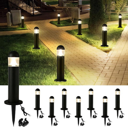 8 Pack Aluminum Low Voltage Landscape Pathway Lights Wired, Outdoor Modern 12V LED Bollard Lights for Driveway Garden Walkway Yard (Included Connectors), 2700K Warm White Waterproof, Black