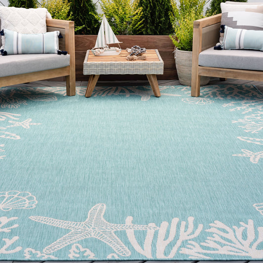 8X10 Water Resistant, Large Indoor Outdoor Rugs for Patios, Front Door Entry, Entryway, Deck, Porch, Balcony | outside Area Rug for Patio | Aqua, Coastal | Size: 7'10'' X 10'2''