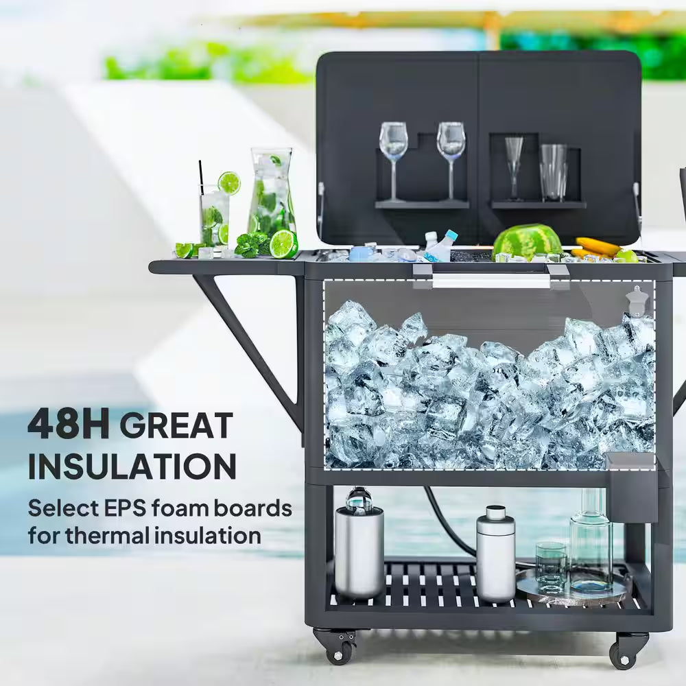 104 Qt. Large Capacity Patio Cooler Cart, Ice Chest with Bottle Opener and Shelves, Outdoor Beverage Bar Cart in Black