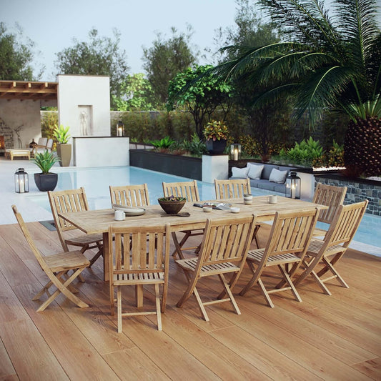 EEI-3284-NAT-SET Marina Premium Grade a Teak Wood 11-Piece Outdoor Patio Dining Furniture Set, Ten Folding Armchair/One Table, Natural