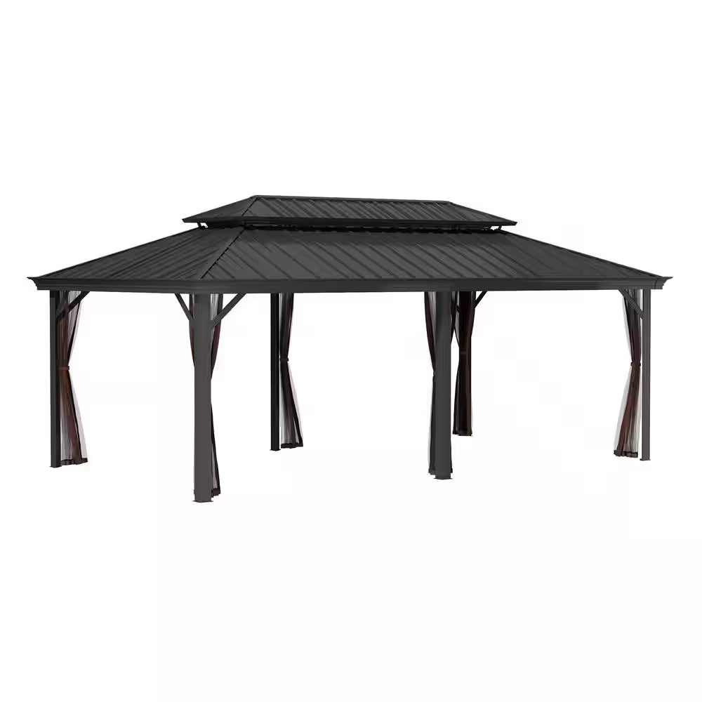 12 Ft. X 20 Ft. Brown Aluminum Frame Double Iron Roof Hardtop Gazebo with Hooks and Mosquito Netting, for Backyard Patio