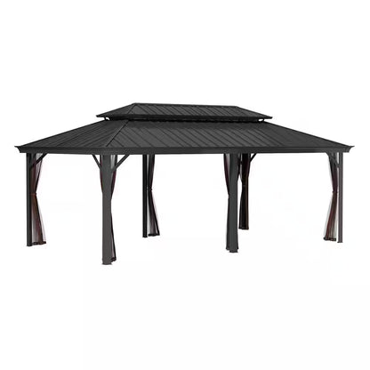 12 Ft. X 20 Ft. Brown Aluminum Frame Double Iron Roof Hardtop Gazebo with Hooks and Mosquito Netting, for Backyard Patio