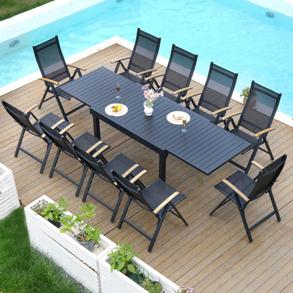 11 Pieces Aluminum Outdoor Dining Set for 6-10 Person, 53" - 106" Expandable Outdoor Dining Table and 10 Foldable Chairs, Weather Resistant Outdoor Furniture Set for Deck, Porch & Backyard