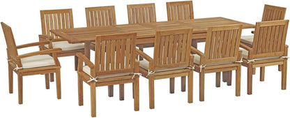 EEI-3283-NAT-WHI-SET Marina Premium Grade a Teak Wood 11-Piece Outdoor Patio Dining Furniture Set, Ten Folding Armchair/One Table, Natural White