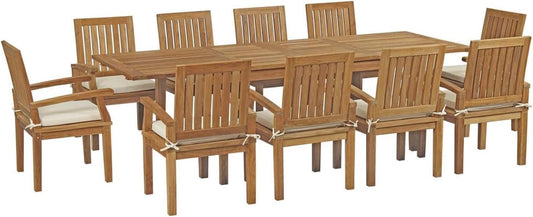 EEI-3283-NAT-WHI-SET Marina Premium Grade a Teak Wood 11-Piece Outdoor Patio Dining Furniture Set, Ten Folding Armchair/One Table, Natural White