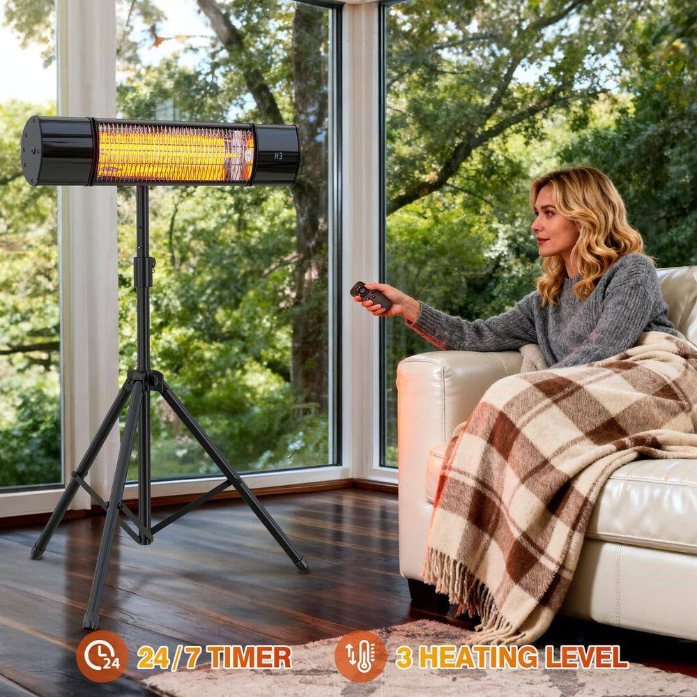 1500 Watt Indoor Outdoor Metal Electric Infrared Heater with Remote Control Wall Mount Tripod Black 1 Piece