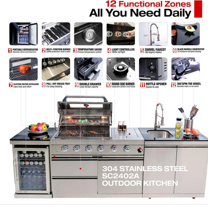 98.4 Inch Outdoor Kitchen Island, 72000 BTU Modular Propane Gas Grill Combination with Refrigerator and Sink, Outdoor Stainless Steel Barbecue Bar, Propane Grill for Patios, Gardens, Parties