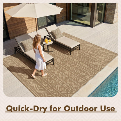 -Outdoor Rug-Patio Rug 8X10 Polypropylene Indoor Outdoor Rug Outdoor Carpet for Patio Deck Balcony Porch, Textured Weave, Durable for High Traffic, Fade-Resistant, Boho Farmhouse Neutral Brown