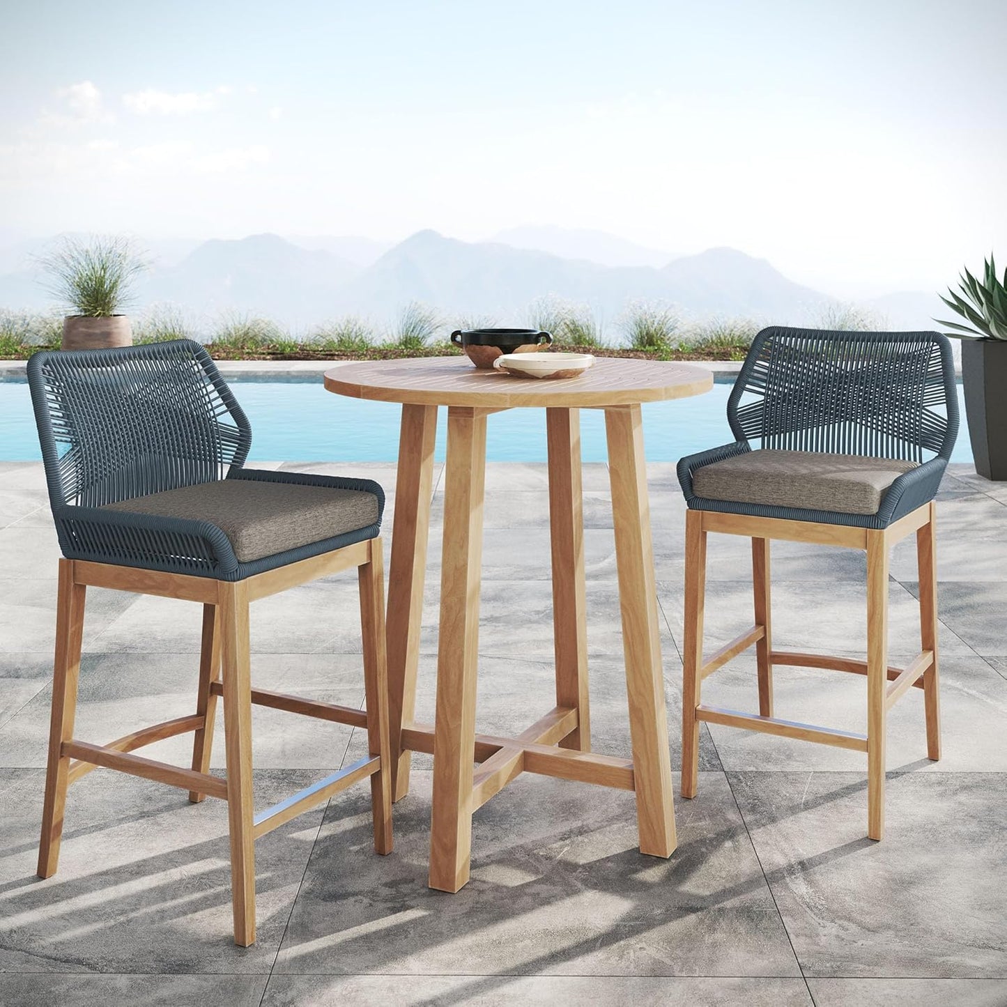 Wellspring 3-Piece Teak Wood Outdoor Bar Set in Blue Graphite – Bar Height Patio Dining Set with 2 Woven Rope Bar Stools and 1 Wood Pub Table