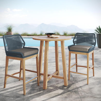 Wellspring 3-Piece Teak Wood Outdoor Bar Set in Blue Graphite – Bar Height Patio Dining Set with 2 Woven Rope Bar Stools and 1 Wood Pub Table