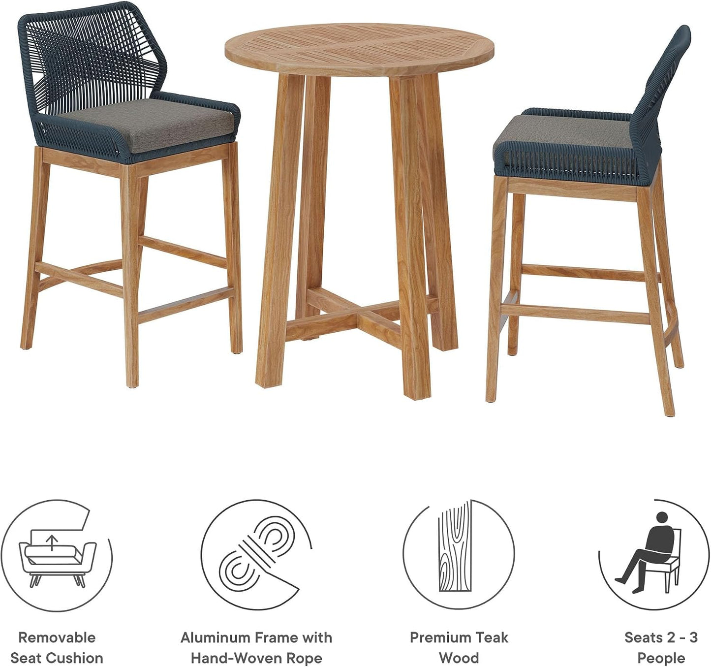 Wellspring 3-Piece Teak Wood Outdoor Bar Set in Blue Graphite – Bar Height Patio Dining Set with 2 Woven Rope Bar Stools and 1 Wood Pub Table