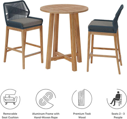 Wellspring 3-Piece Teak Wood Outdoor Bar Set in Blue Graphite – Bar Height Patio Dining Set with 2 Woven Rope Bar Stools and 1 Wood Pub Table