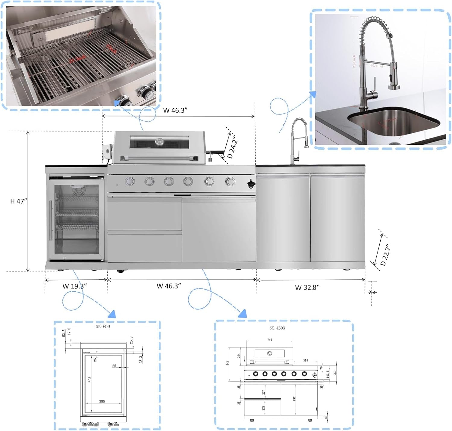 98.4 Inch Outdoor Kitchen Island, 72000 BTU Modular Propane Gas Grill Combination with Refrigerator and Sink, Outdoor Stainless Steel Barbecue Bar, Propane Grill for Patios, Gardens, Parties